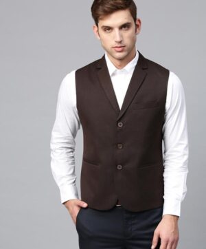 Men Coffee Brown Solid Slim Fit Formal Waistcoat