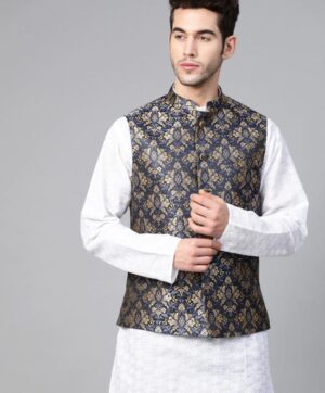 Men Navy Blue & Beige Woven Design Nehru Jacket