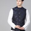 Men Navy Blue Woven Design Nehru Jacket