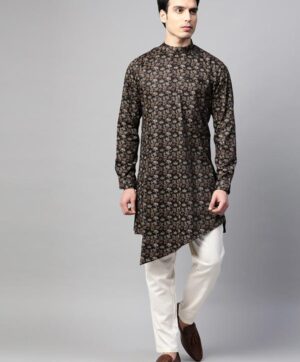 Men Black & Brown Paisley Print Asymmetric Hem Straight Angrakha Kurta