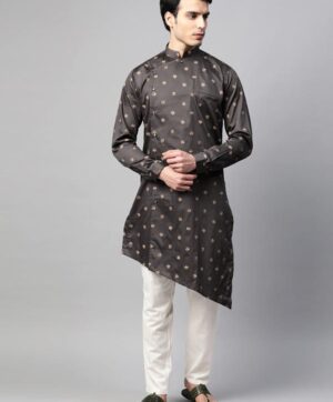 Men Grey & Golden Printed Asymmetric Hem Straight Angrakha Kurta