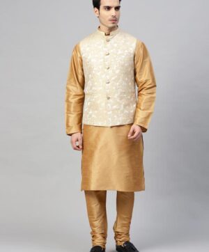 Men Golden & Silver Solid Kurta with Churidar & Self Design Nehru Jacket