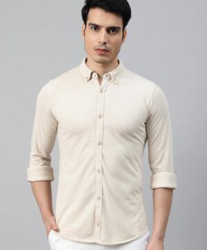 Men Off White Pure Cotton Knitted Slim Fit Casual Shirt