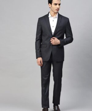 Men Black & Blue Checked Slim Fit Formal Single Breasted Suit