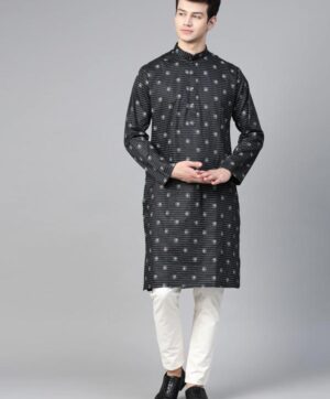 Men Black & White Floral Print Detail Striped Straight Kurta