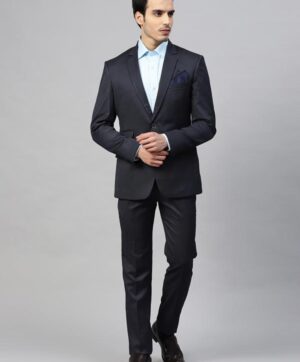 Men Navy Blue Striped Slim Fit Single-Breasted Suit