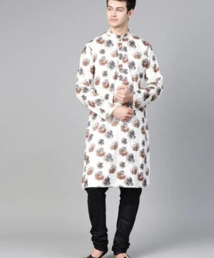 Men White & Brown Floral Printed Straight Kurta