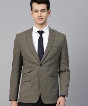 Men Olive Brown & Blue Checked Single-Breasted Slim Fit Formal Blazer