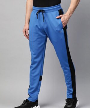 Men Blue Solid Slim Fit Training Track Pants with Colourblocked Detail