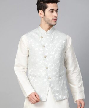 Men Blue & Golden Woven Design Nehru Jacket