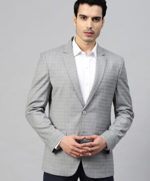 Men Grey Checked Slim Fit Single-Breasted Formal Blazer