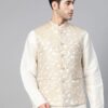 Men Beige Woven Design Nehru Jacket