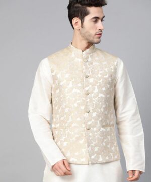 Men Beige Woven Design Nehru Jacket