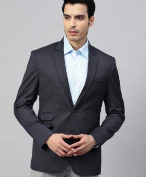 Men Navy Blue Self-Striped Slim Fit Single-Breasted Formal Blazer