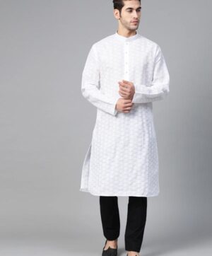 Men White Ethnic Chikankari Embroidered Straight Kurta