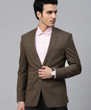 Men Brown & Blue Checked Single-Breasted Slim Fit Formal Blazer