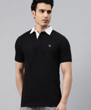 Men Black Solid Polo Collar Slim Fit T-shirt