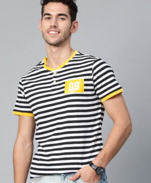 Men Black & White Slim Fit Striped Henley Neck T-shirt