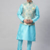 Men Turquoise Blue & Beige Solid Kurta with Churidar & Printed Nehru Jacket