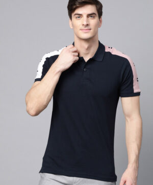 Men Navy Blue Solid Polo Collar T-shirt