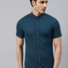 Men Teal Blue Pure Cotton Knitted Slim Fit Casual Shirt