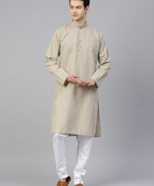 Men Beige & White Solid Kurta with Pyjamas