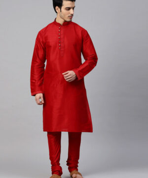 Men Red Solid Kurta with Churidar