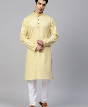 Men Beige & White Self Design Kurta with Pyjamas