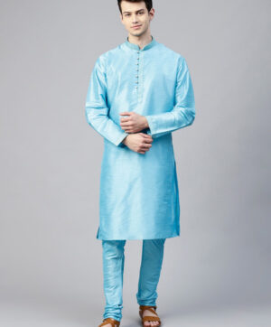 Men Turquoise Blue Self Design Kurta with Churidar