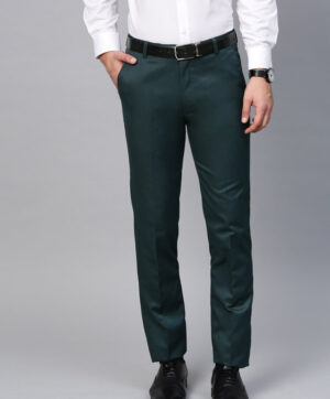 Men Green Smart Slim Fit Solid Formal Trousers