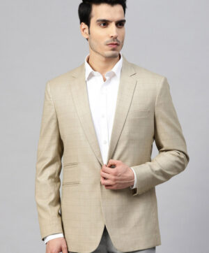 Men Beige Checked Slim Fit Single-Breasted Formal Blazer