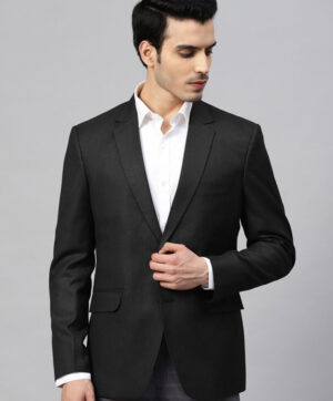 Men Black Self-Design Slim Fit Single-Breasted Formal Blazer