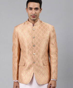 Men Peach Self-Design Slim Fit Bandhgala Blazer