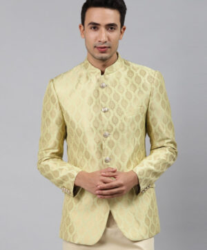 Men Green Self-Design Slim Fit Bandhgala Blazer