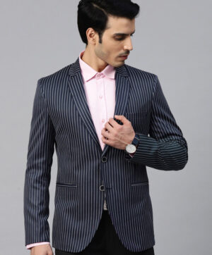 Men Navy Blue & White Striped Single-Breasted Slim Fit Formal Blazer