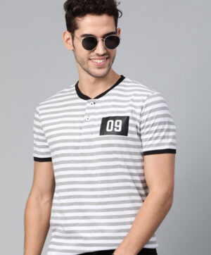 Men Grey Melange & White Slim Fit Striped Henley Neck T-shirt