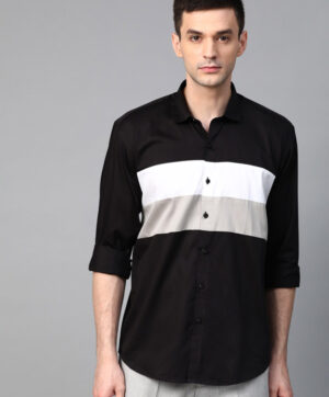 Men Black & White Slim Fit Striped Casual Shirt