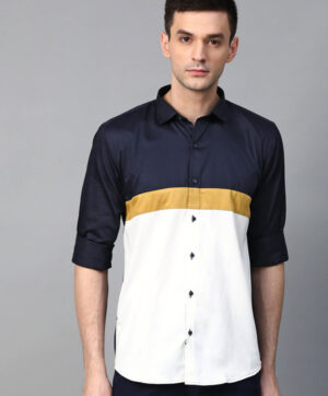 Men Navy Blue & White Slim Fit Colourblocked Casual Shirt