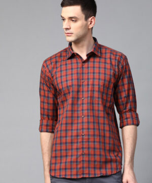 Men Rust Red & Navy Blue Giza Cotton Semi-Slim Fit Checked Smart Casual Shirt