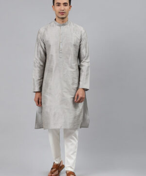 Men Grey Cold-Shoulder Sleeves Thread Work Kurta