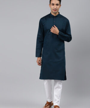 Men Teal Blue Striped Regular Kurta with Pyjamas