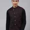 Men Maroon Woven Jaquard Silk Nehru Jacket