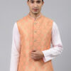 Men Peach Woven Jaquard Silk Nehru Jacket