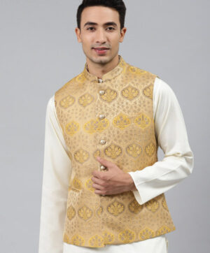 Men Gold Toned Woven Jaquard Silk Nehru Jacket