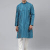 Men Blue Striped Thread Work Kurta