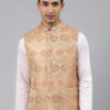 Men Peach Woven Jaquard Silk Nehru Jacket