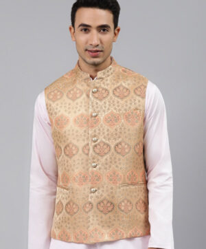 Men Peach Woven Jaquard Silk Nehru Jacket