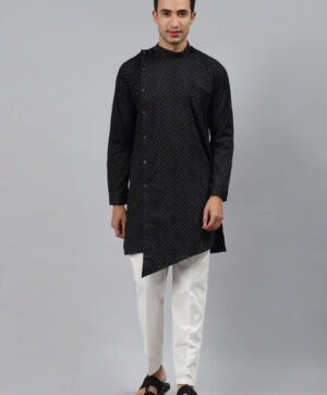 Men Black Floral Printed Regular Pure Cotton Kurta with Pyjamas