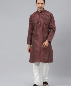 Men Maroon Striped Regular Kurta with Pyjamas