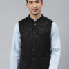 Men Black Woven Jaquard Silk Nehru Jacket